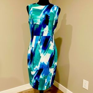 Calvin Klein Sleeveless Blue,green,black Pattern Asymmetrical  Dress Size10 P